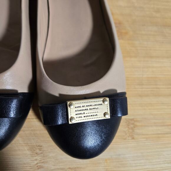 Marc Jacobs Ballet Flats Preppy Bow Black Tan 36 5.5 6 Classic Capsule Leather - Picture 4 of 8